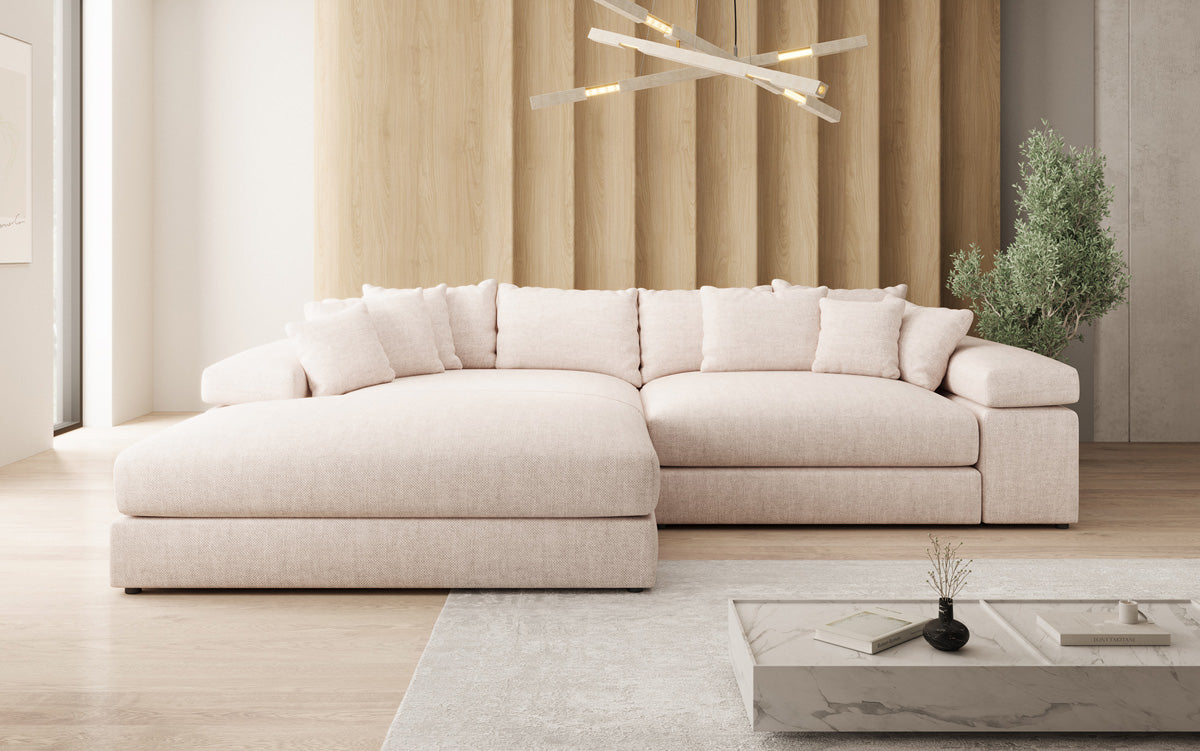 Designer Ecksofa Bernardo mit breiter Ottomane in Leinen-Optik