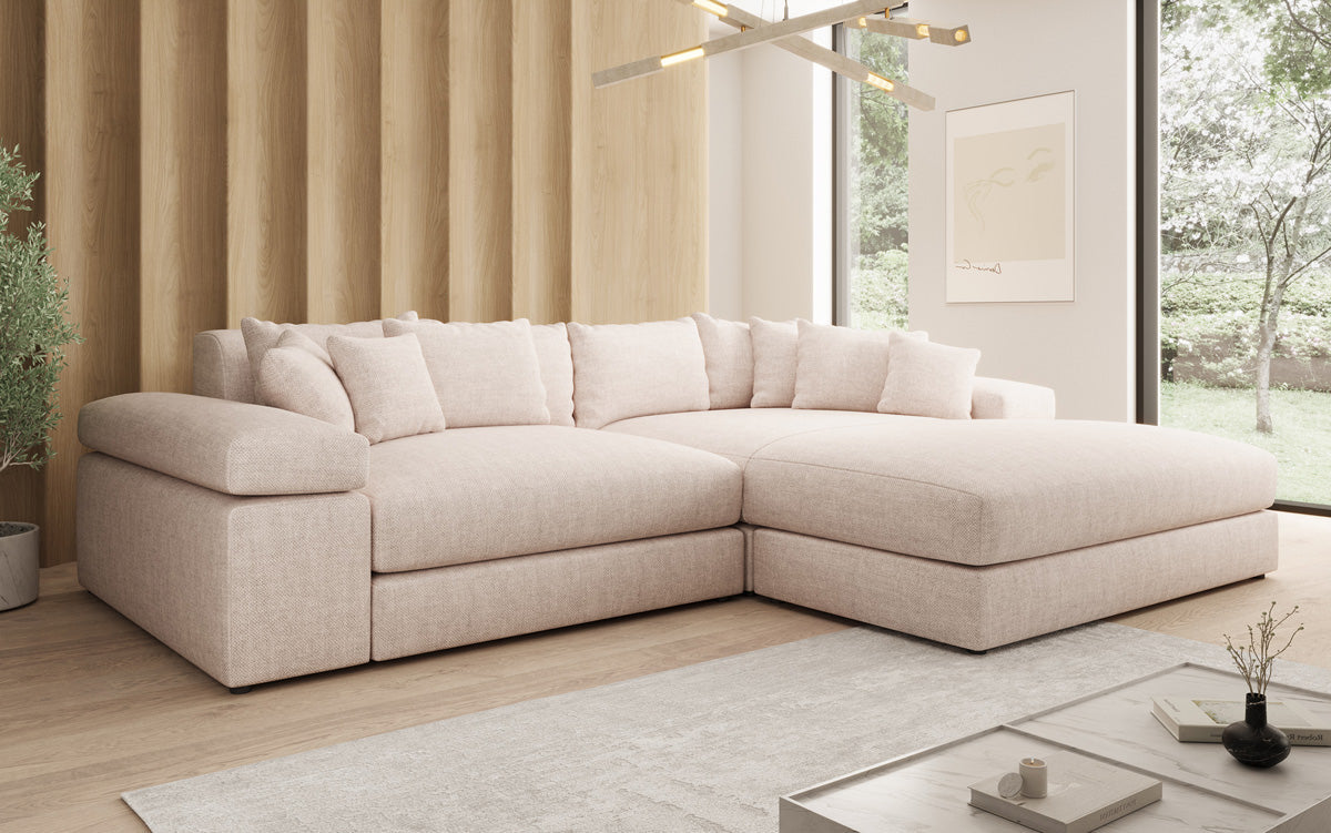 Designer Ecksofa Bernardo mit breiter Ottomane in Leinen-Optik
