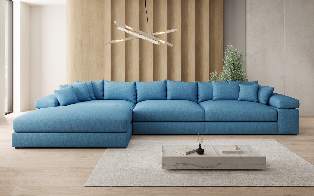 Designer Ecksofa Bernardo Maxi mit breiter Ottomane in Leinen-Optik