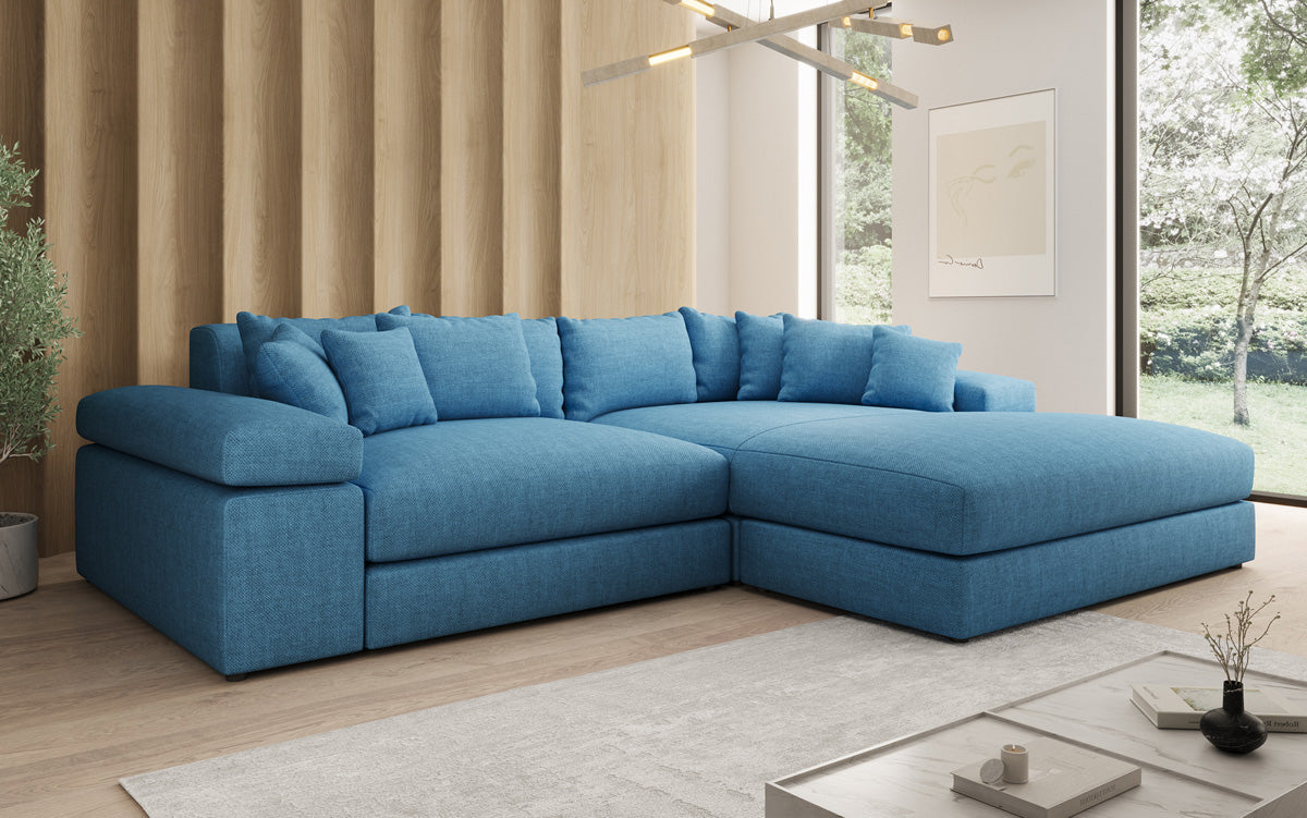 Designer Ecksofa Bernardo mit breiter Ottomane in Leinen-Optik