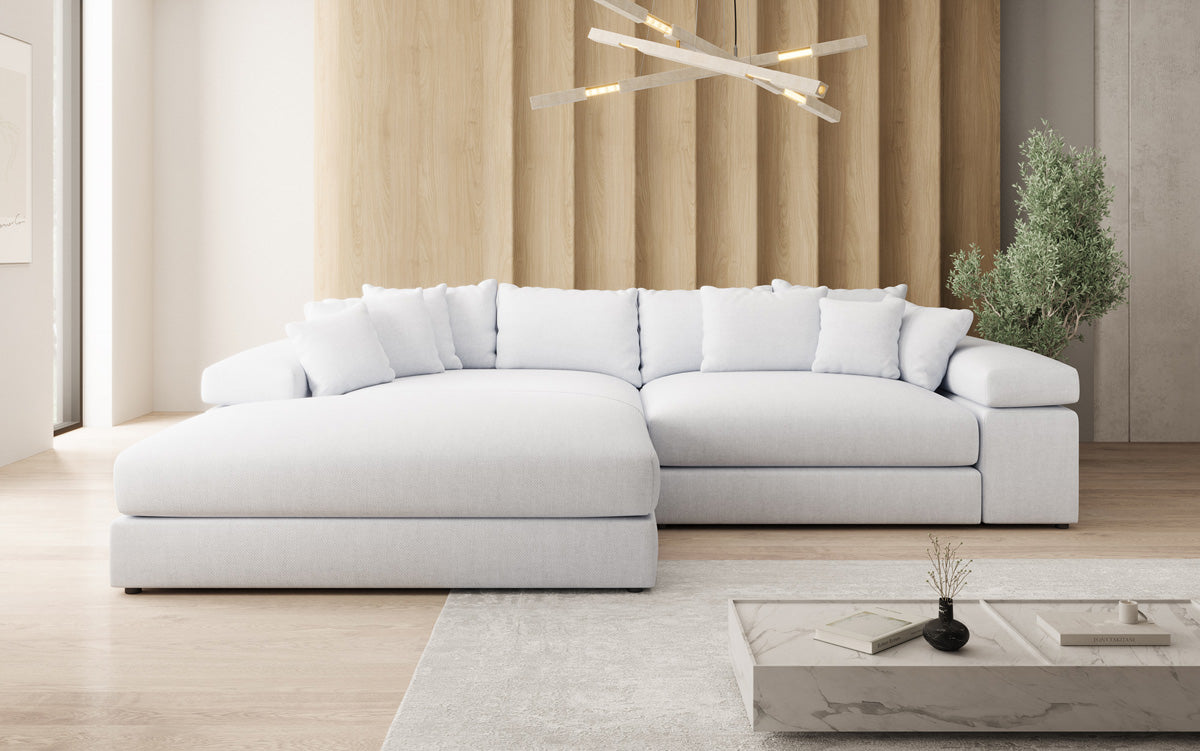 Designer Ecksofa Bernardo mit breiter Ottomane in Leinen-Optik