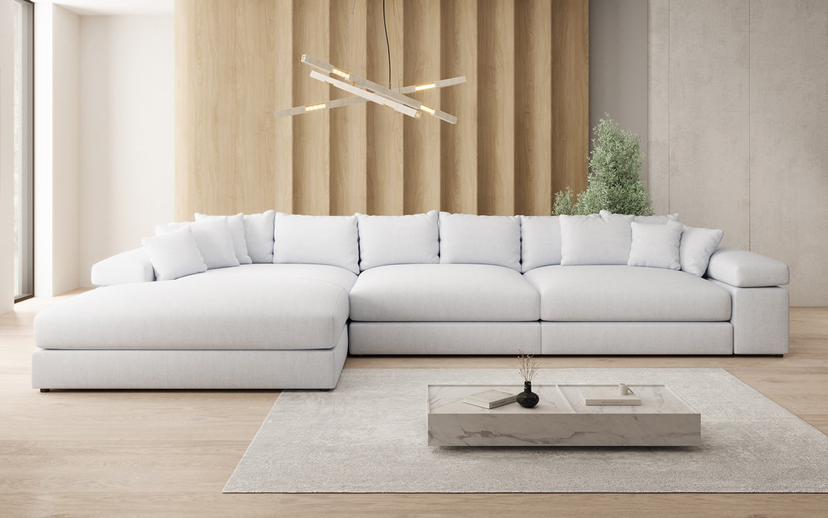 Designer Ecksofa Bernardo Maxi mit breiter Ottomane in Leinen-Optik