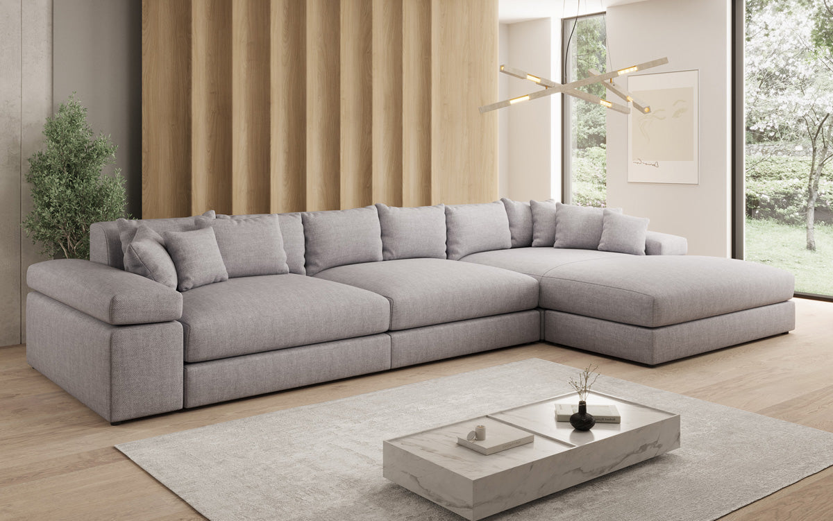 Designer Ecksofa Bernardo Maxi mit breiter Ottomane in Leinen-Optik