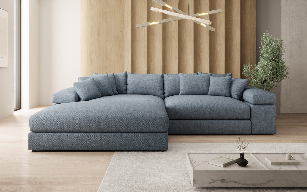 Designer Ecksofa Bernardo mit breiter Ottomane in Leinen-Optik