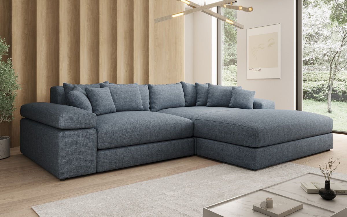 Designer Ecksofa Bernardo mit breiter Ottomane in Leinen-Optik