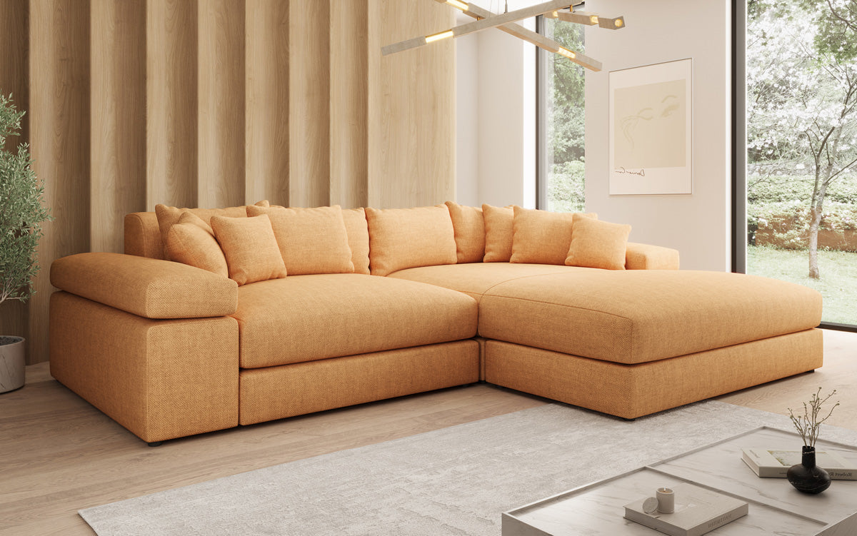 Designer Ecksofa Bernardo mit breiter Ottomane in Leinen-Optik
