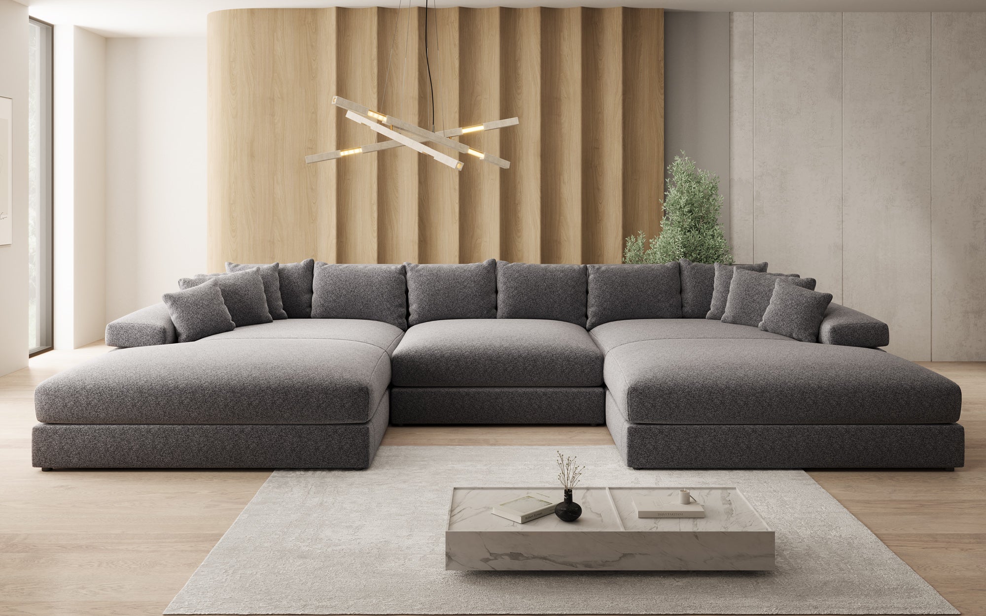 Canapé design Bernardo U avec large ottomane en tissu texturé