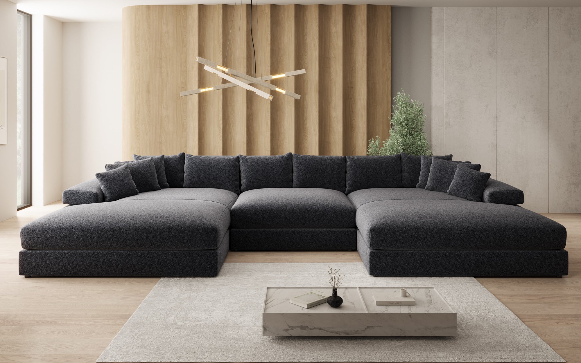 Canapé design Bernardo U avec large ottomane en tissu texturé