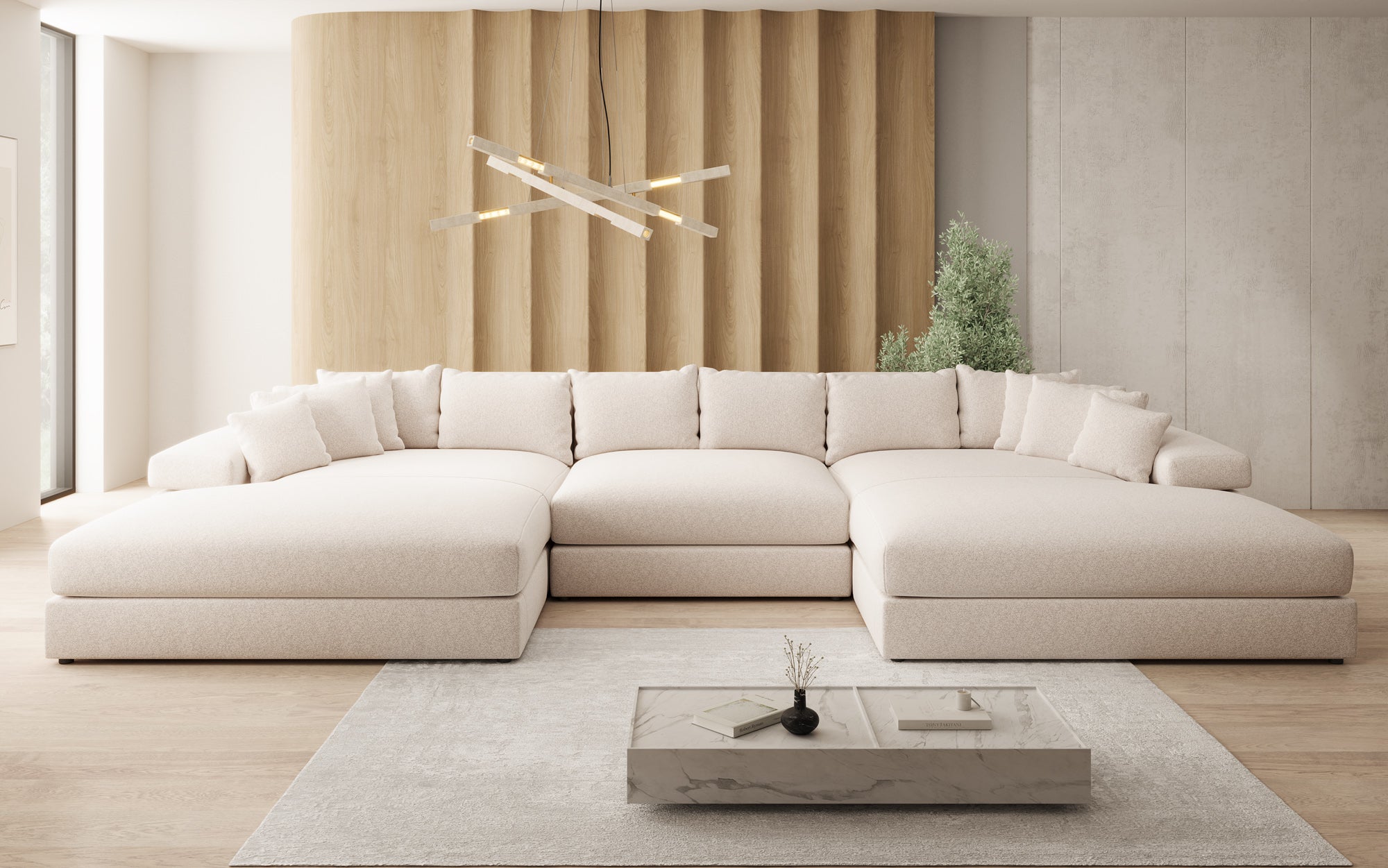 Canapé design Bernardo U avec large ottomane en tissu texturé
