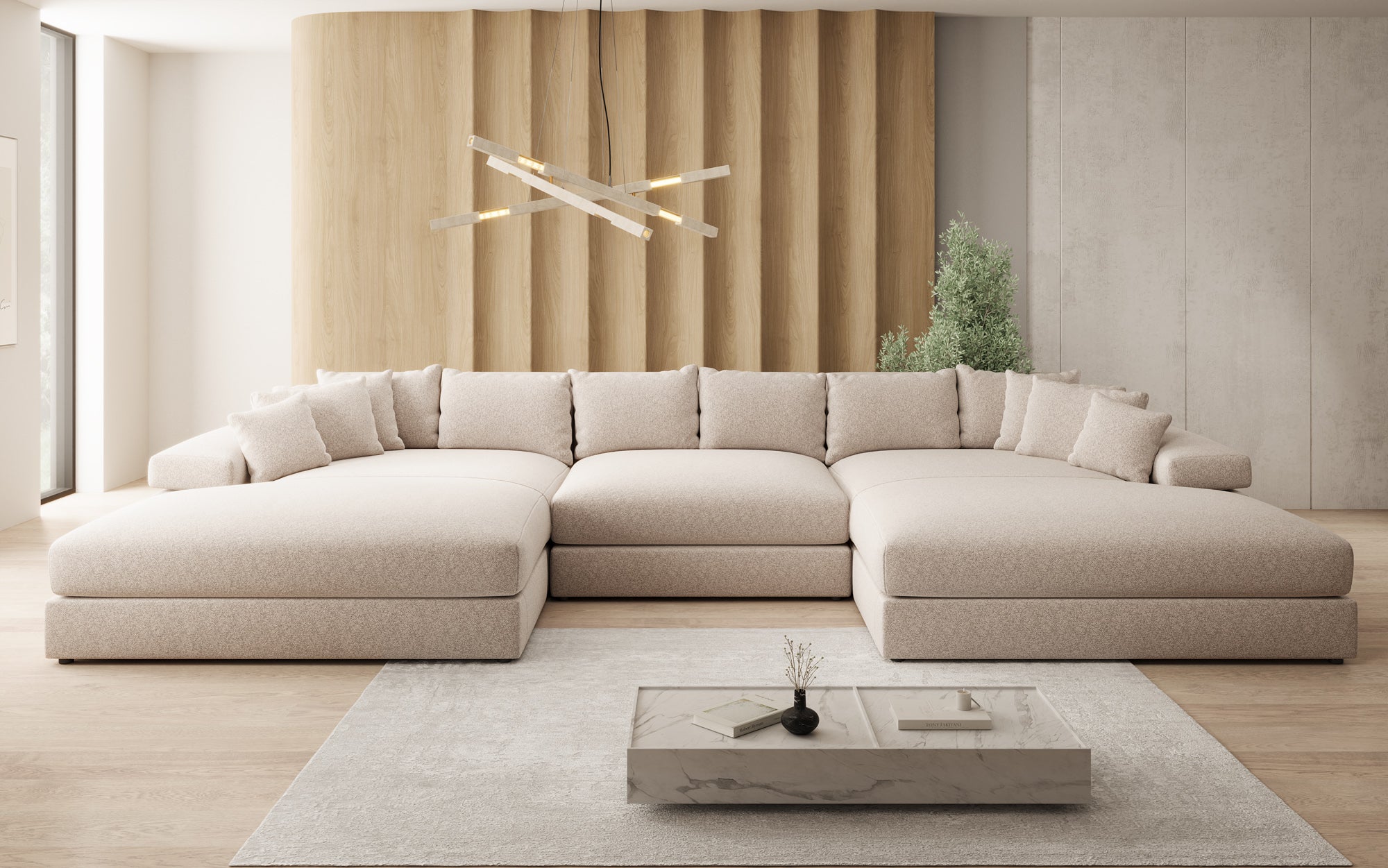 Canapé design Bernardo U avec large ottomane en tissu texturé