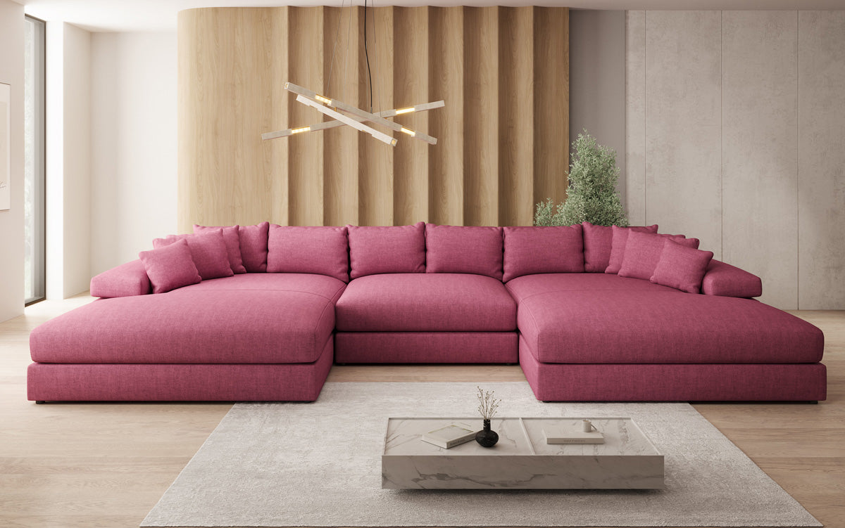 Canapé design Bernardo U avec large ottomane aspect lin