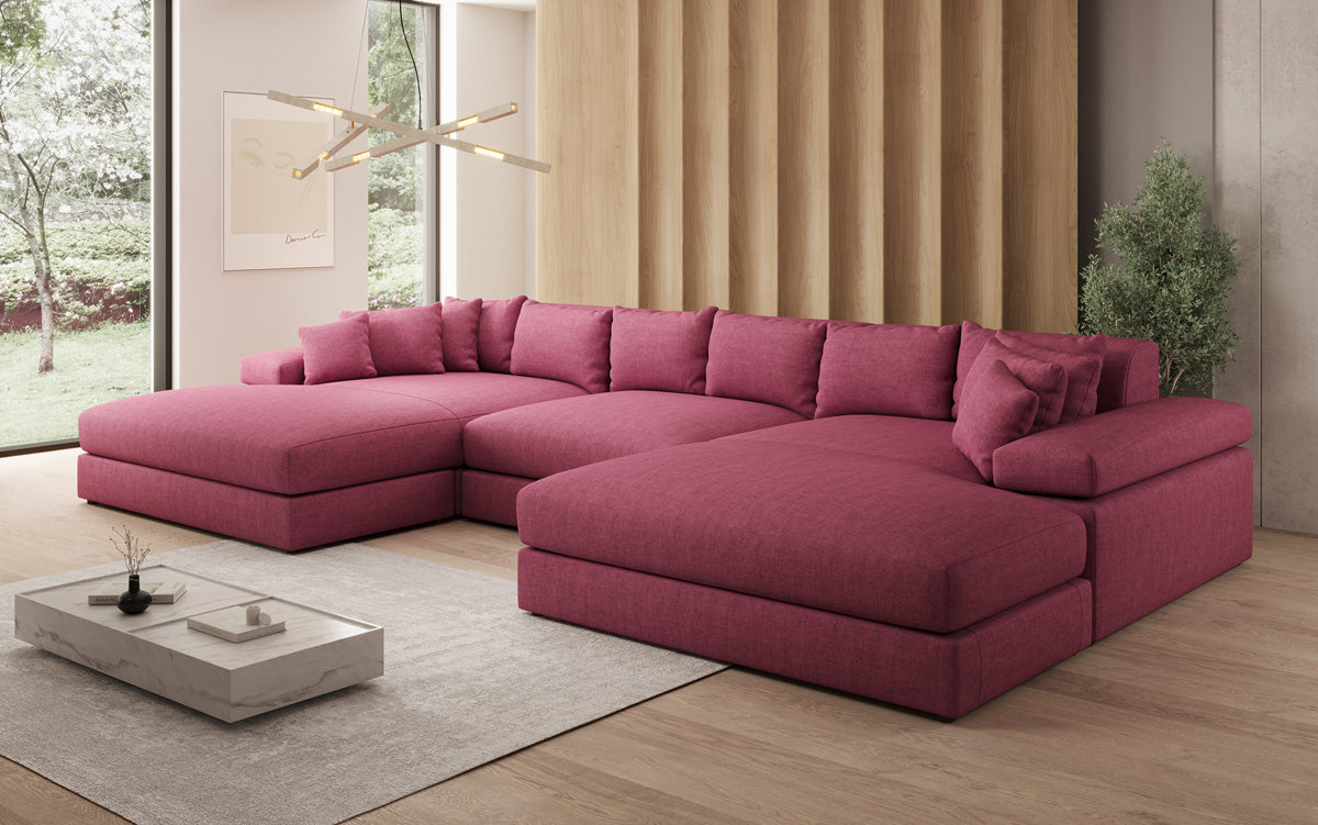 Canapé design Bernardo U avec large ottomane aspect lin