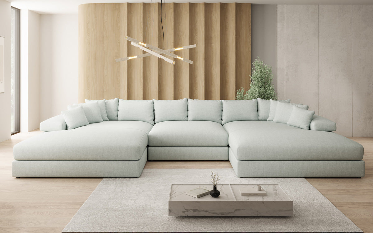 Canapé design Bernardo U avec large ottomane aspect lin