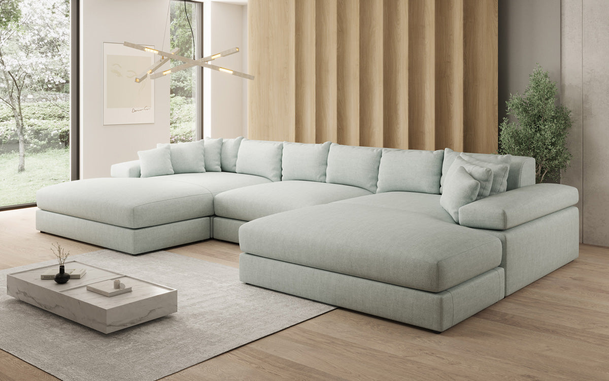 Canapé design Bernardo U avec large ottomane aspect lin
