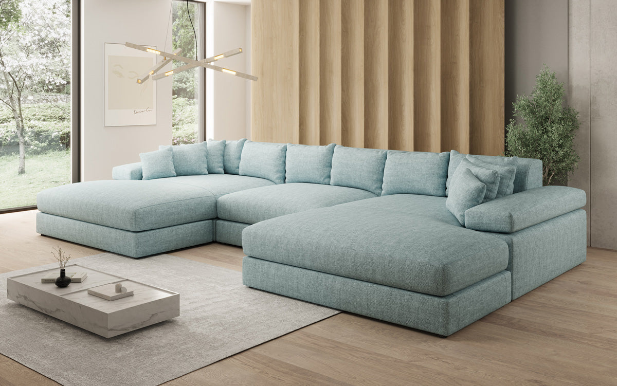 Canapé design Bernardo U avec large ottomane aspect lin