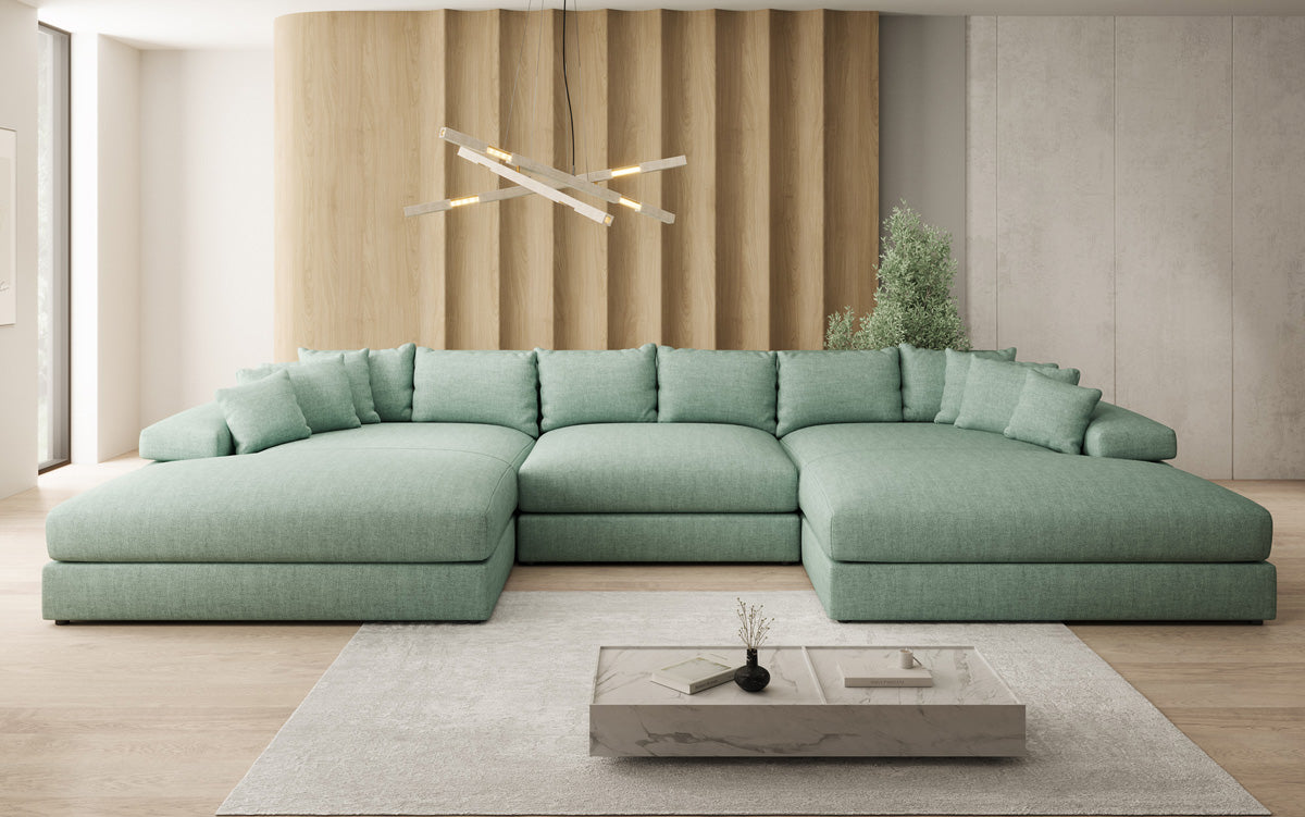 Canapé design Bernardo U avec large ottomane aspect lin