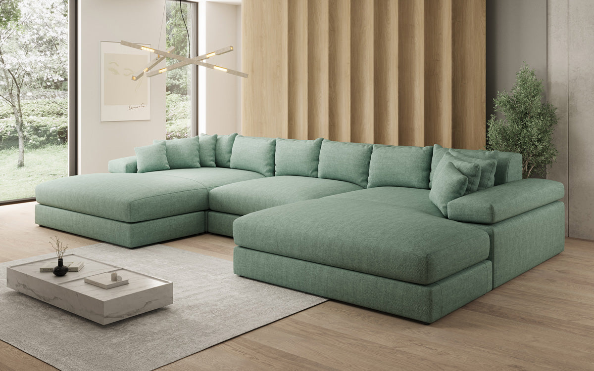 Canapé design Bernardo U avec large ottomane aspect lin