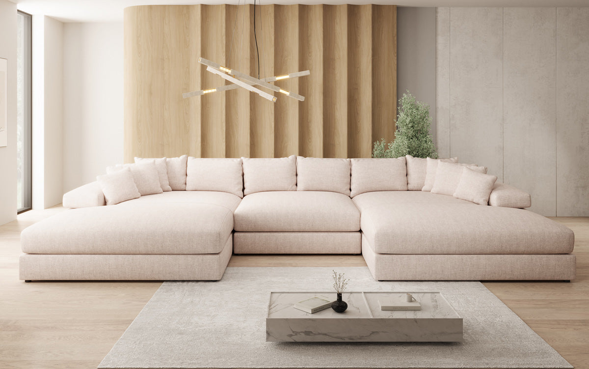 Canapé design Bernardo U avec large ottomane aspect lin