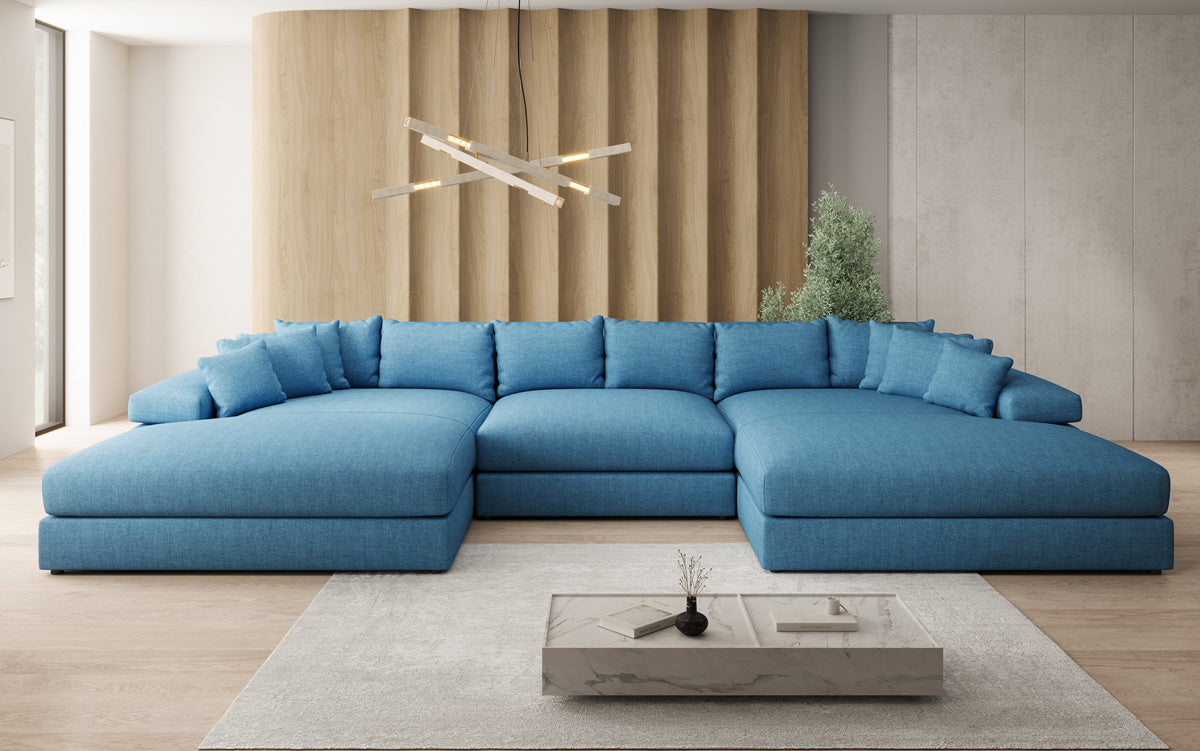 Canapé design Bernardo U avec large ottomane aspect lin