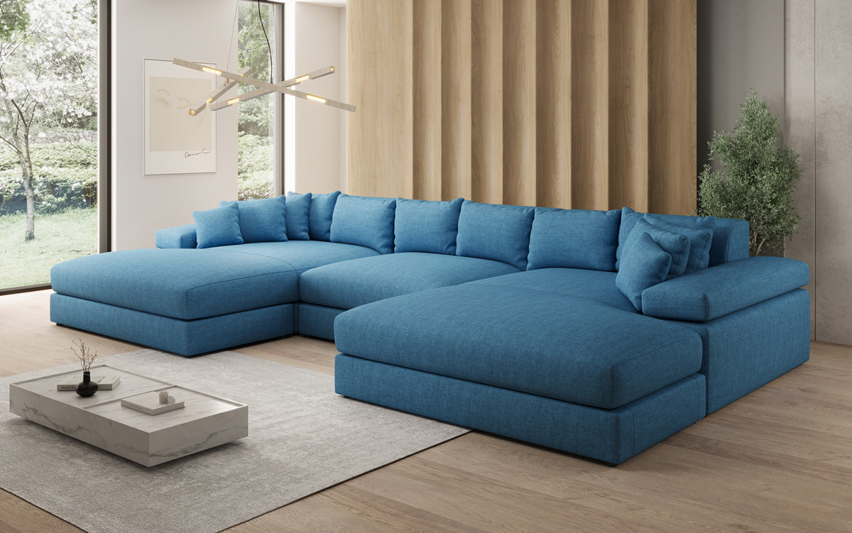 Canapé design Bernardo U avec large ottomane aspect lin