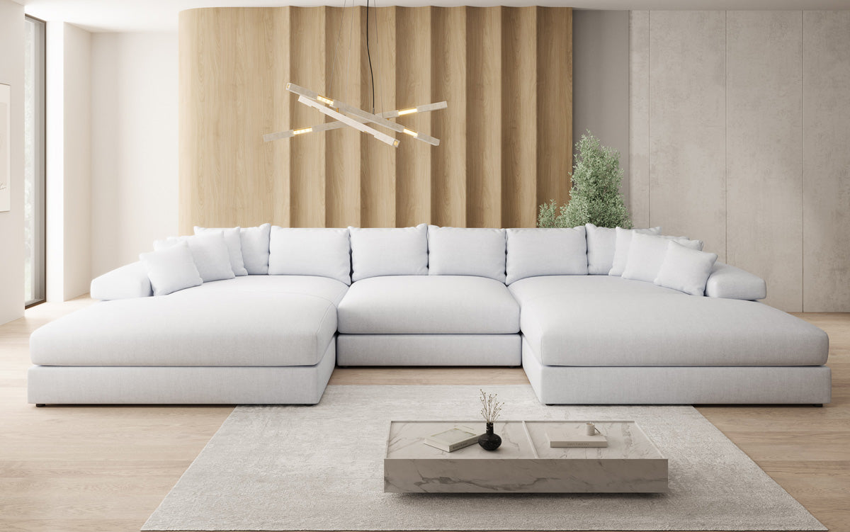 Canapé design Bernardo U avec large ottomane aspect lin
