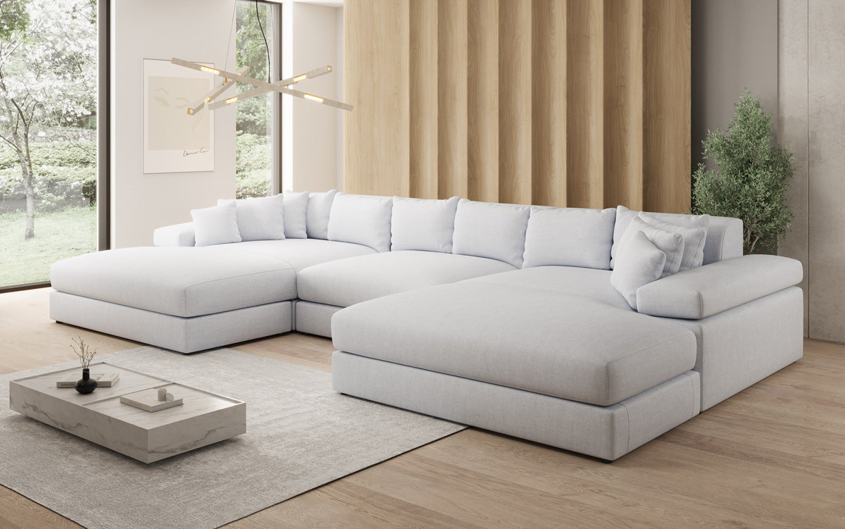 Canapé design Bernardo U avec large ottomane aspect lin