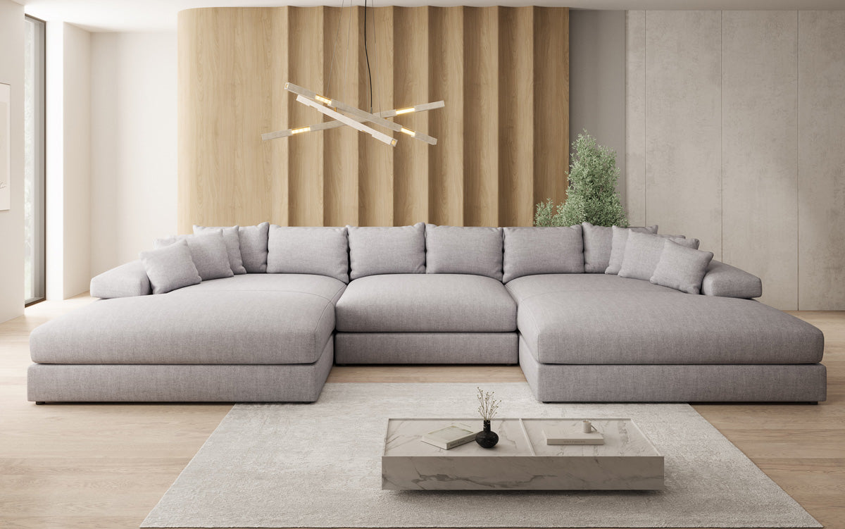 Canapé design Bernardo U avec large ottomane aspect lin