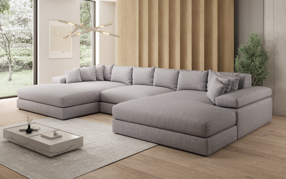 Canapé design Bernardo U avec large ottomane aspect lin