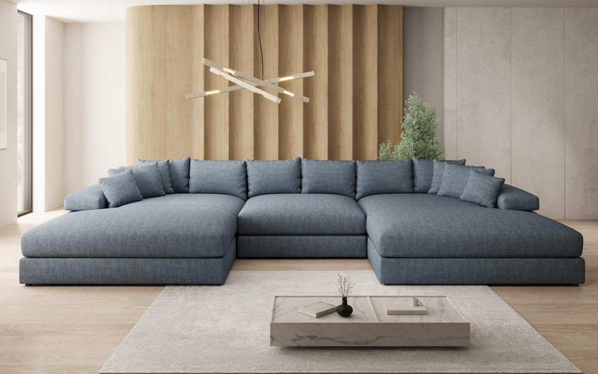 Canapé design Bernardo U avec large ottomane aspect lin