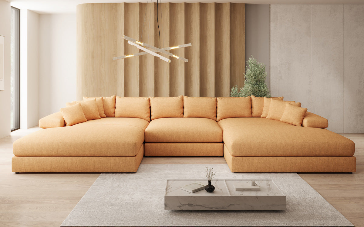 Canapé design Bernardo U avec large ottomane aspect lin