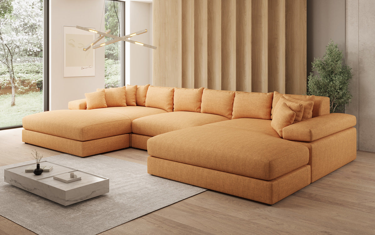 Canapé design Bernardo U avec large ottomane aspect lin