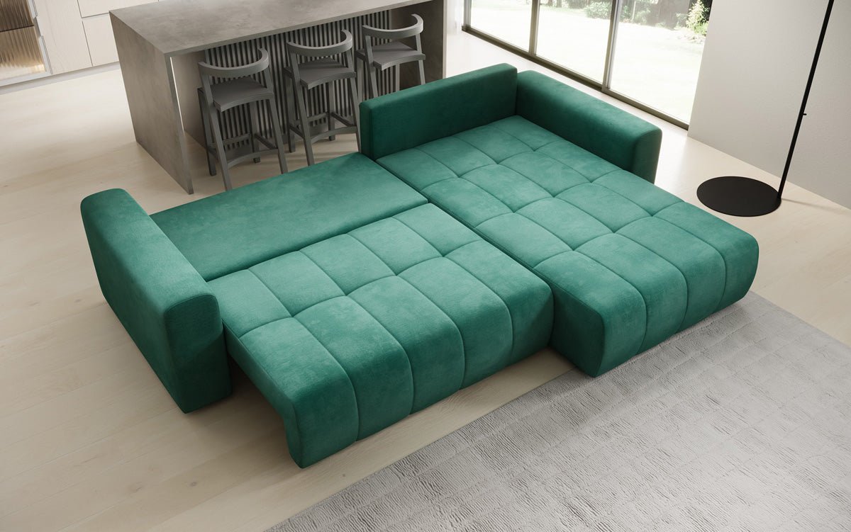 Designer Sofa Leveno L mit Schlaf- und Klappfunktion in Samt