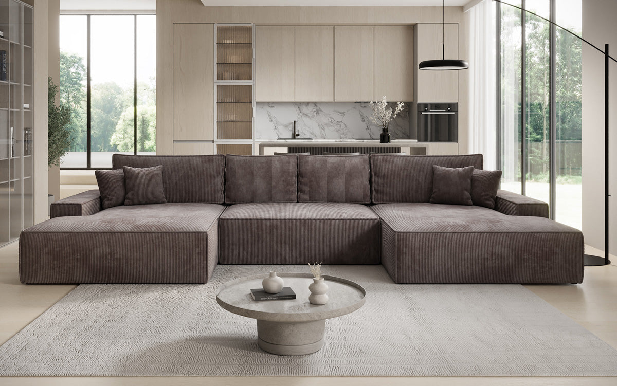 Canapé design Verona U avec une large ottomane, fonction couchage et espace de rangement, en Côtelé