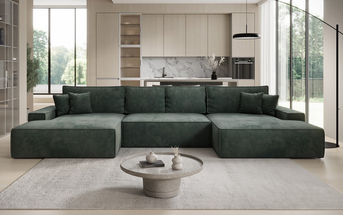 Canapé design Verona U avec une large ottomane, fonction couchage et espace de rangement, en Côtelé