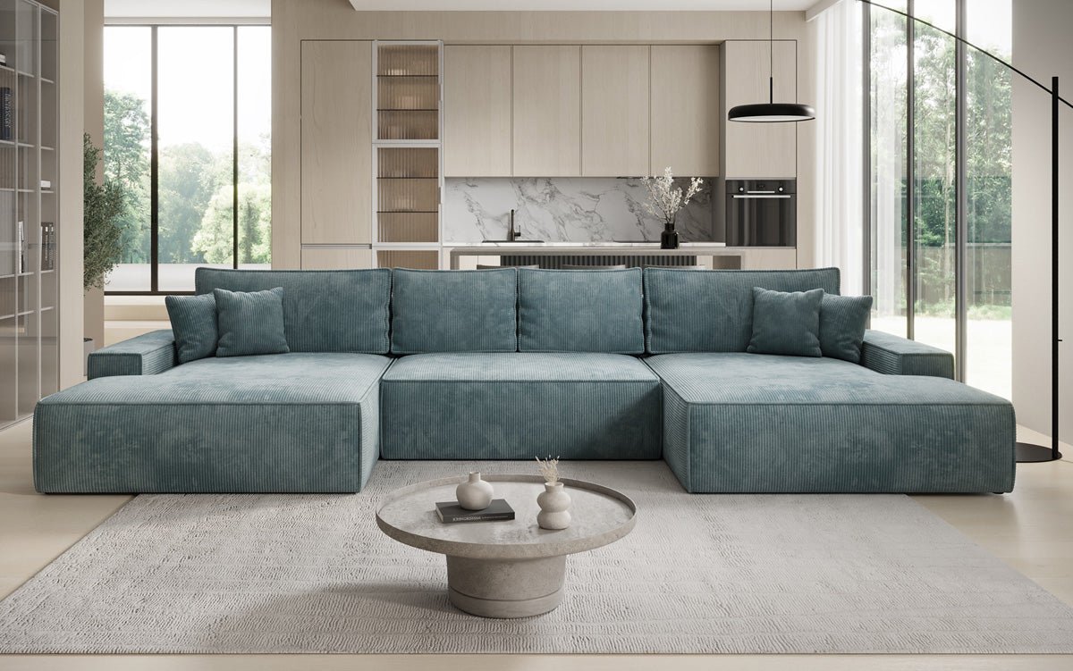 Canapé design Verona U avec une large ottomane, fonction couchage et espace de rangement, en Côtelé