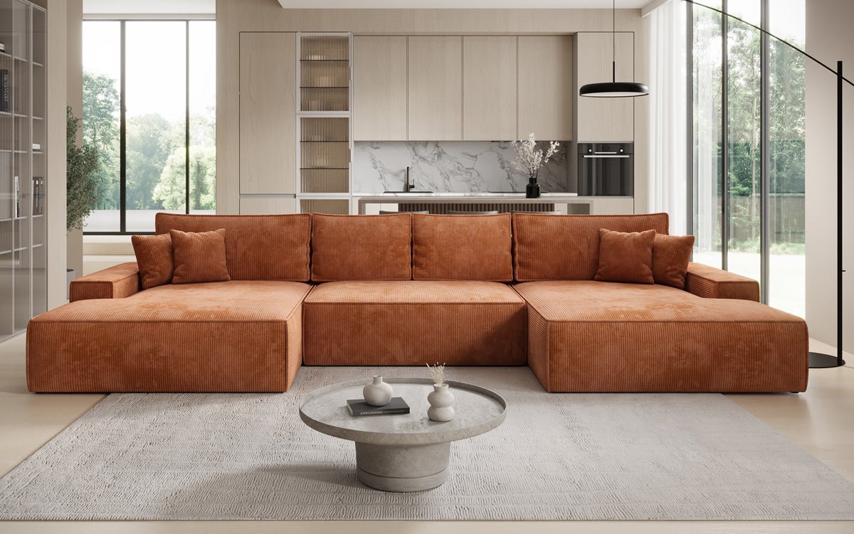 Canapé design Verona U avec une large ottomane, fonction couchage et espace de rangement, en Côtelé