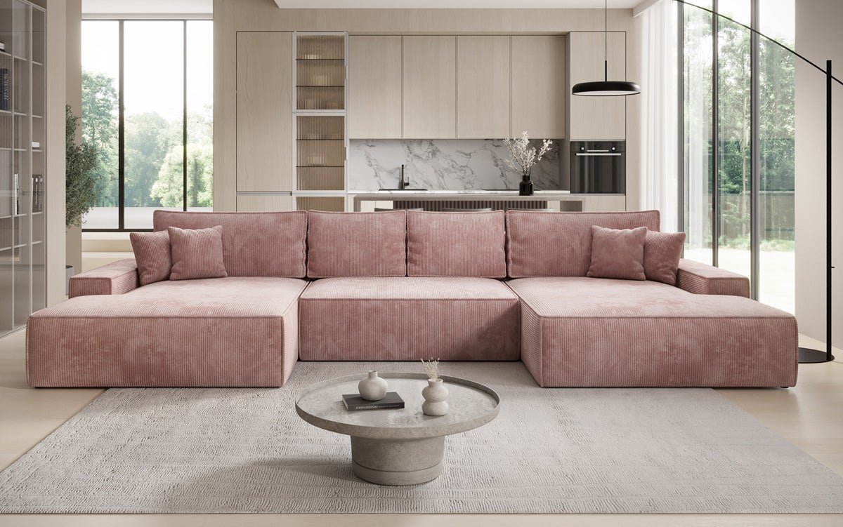 Canapé design Verona U avec une large ottomane, fonction couchage et espace de rangement, en Côtelé