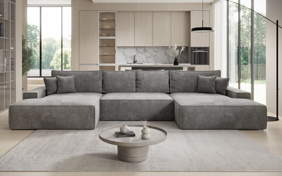 Canapé design Verona U avec une large ottomane, fonction couchage et espace de rangement, en Côtelé