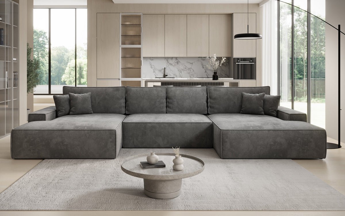 Canapé design Verona U avec une large ottomane, fonction couchage et espace de rangement, en Côtelé