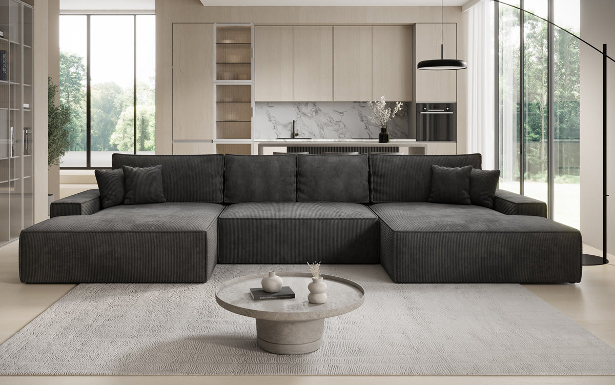 Canapé design Verona U avec une large ottomane, fonction couchage et espace de rangement, en Côtelé