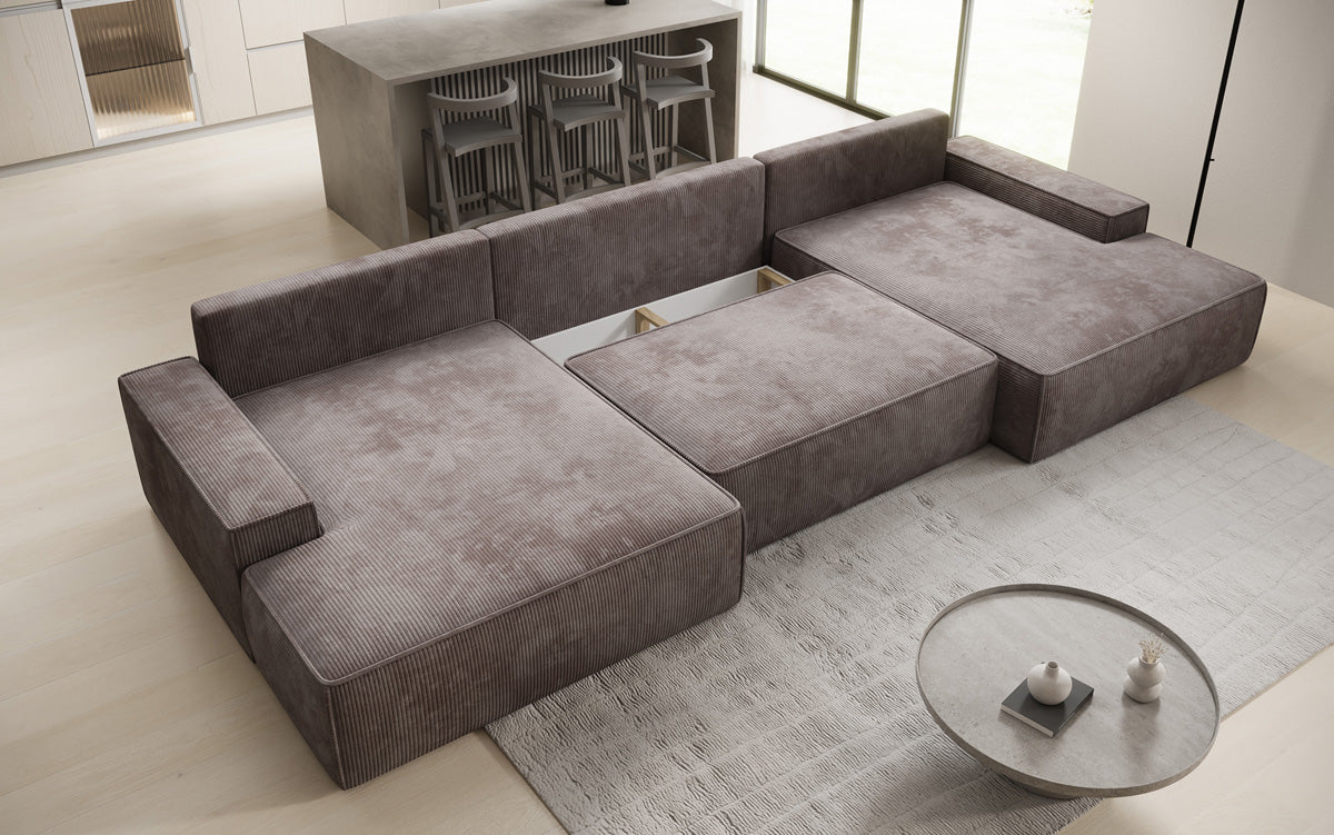 Canapé design Verona U avec une large ottomane, fonction couchage et espace de rangement, en Côtelé