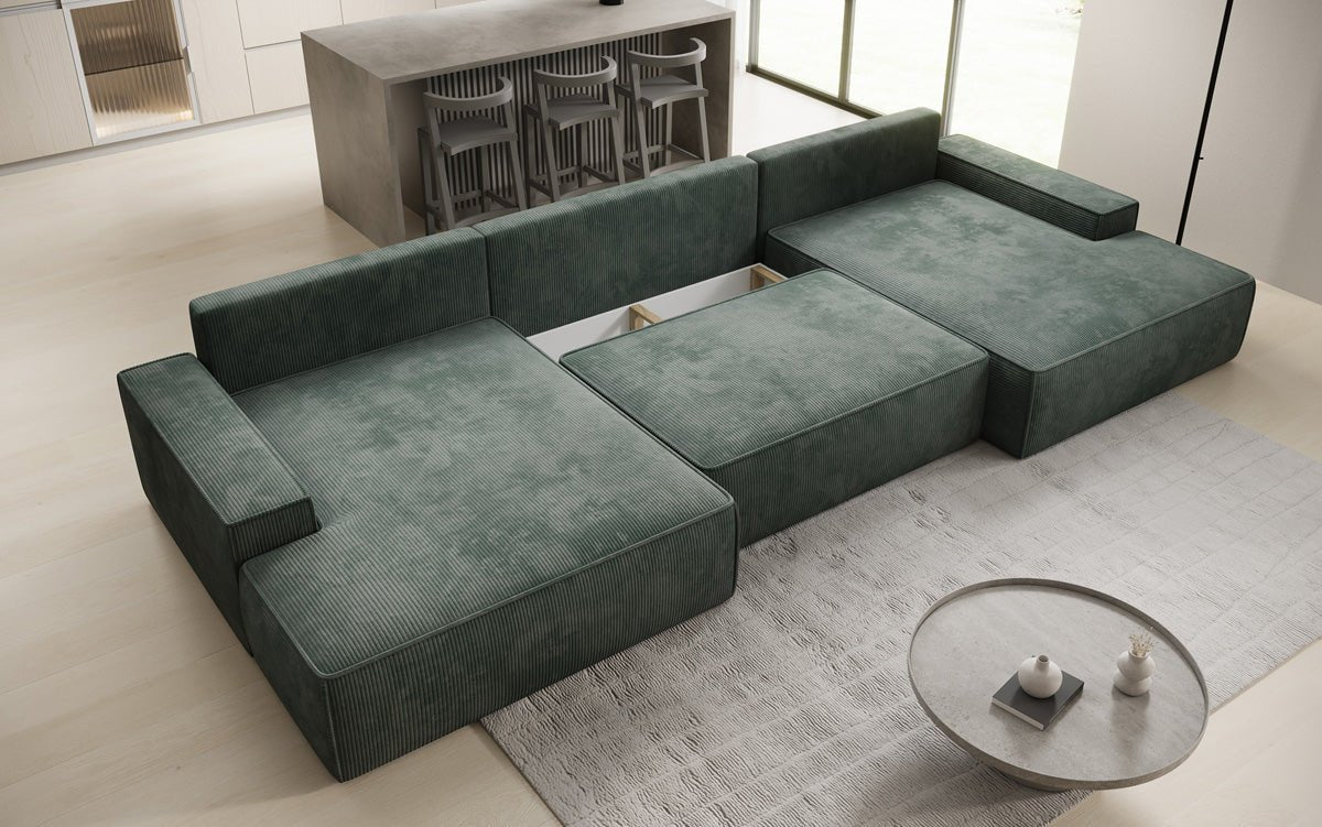 Canapé design Verona U avec une large ottomane, fonction couchage et espace de rangement, en Côtelé