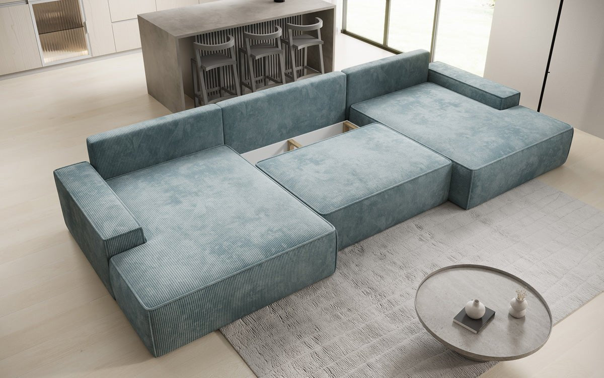 Canapé design Verona U avec une large ottomane, fonction couchage et espace de rangement, en Côtelé