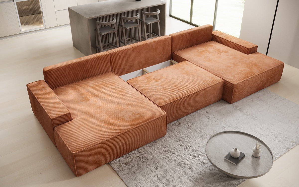 Canapé design Verona U avec une large ottomane, fonction couchage et espace de rangement, en Côtelé