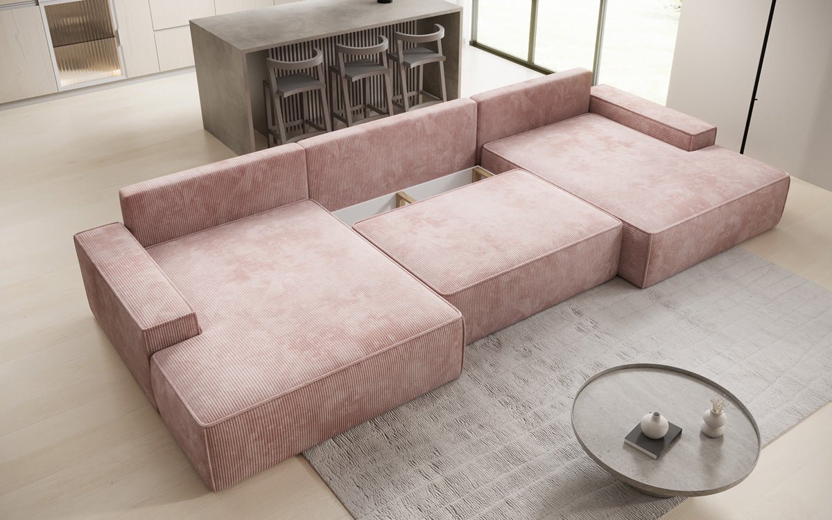 Canapé design Verona U avec une large ottomane, fonction couchage et espace de rangement, en Côtelé