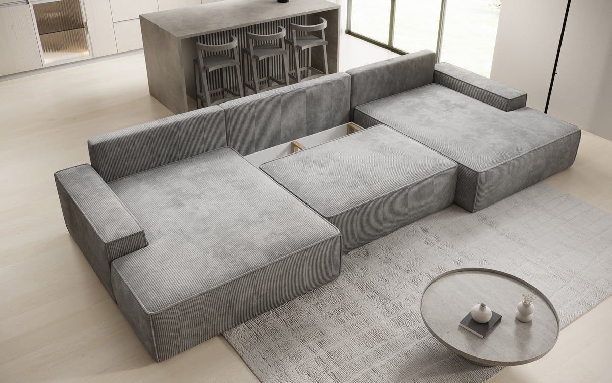 Canapé design Verona U avec une large ottomane, fonction couchage et espace de rangement, en Côtelé