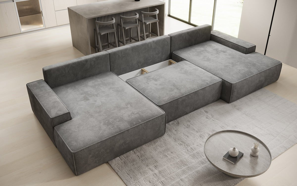 Canapé design Verona U avec une large ottomane, fonction couchage et espace de rangement, en Côtelé