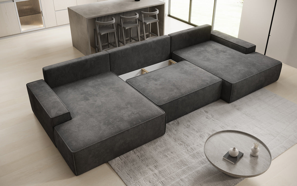 Canapé design Verona U avec une large ottomane, fonction couchage et espace de rangement, en Côtelé