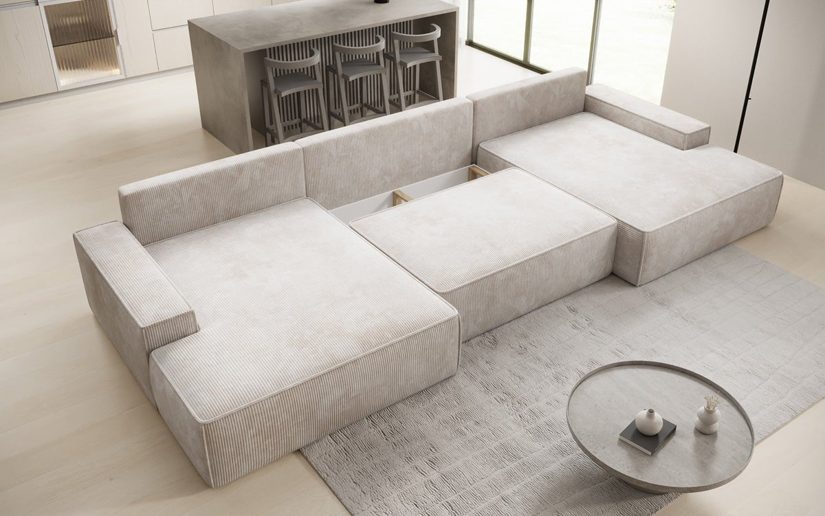 Canapé design Verona U avec une large ottomane, fonction couchage et espace de rangement, en Côtelé