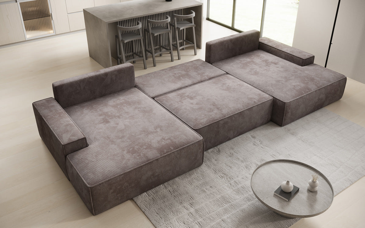 Canapé design Verona U avec une large ottomane, fonction couchage et espace de rangement, en Côtelé